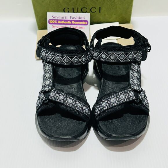 Gucci Run 10/US 10.5 Touch Strap Sandals Square G Jacquard Canvas Black NIB $970 - Picture 4 of 12